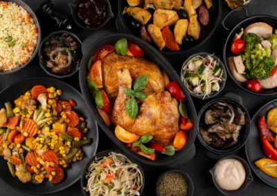 Top view table full of delicious food composition